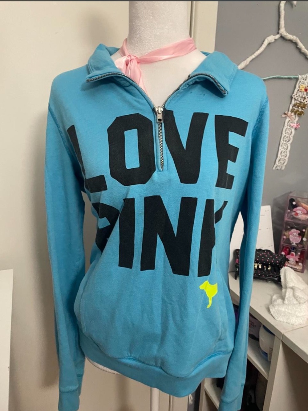 PINK Victoria's Secret Bright Blue Half-Zip Sweatshirt with Black Logo